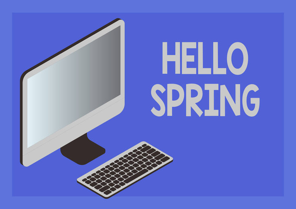 Позначення: Вітаємо весну. Концепція означає Вітання сезону після зими Блоксинг квітів Монітор з клавіатурою, що символізує онлайн зв'язок між колегами. - Фото, зображення