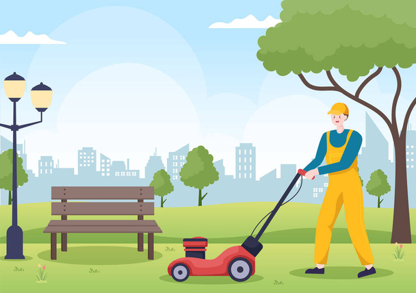 Rasenmäher mähen grünes Gras, Trimmen und Pflege auf Seite oder Garten in flacher Cartoon-Illustration - Vektor, Bild