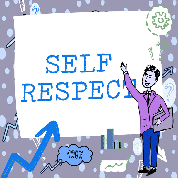 Conceptual caption Self Respect. Conceptual photo Pride and confidence in oneself Stand up for yourself Gentleman Drawing Standing Pointing Finger In Blank Whiteboard. - Zdjęcie, obraz