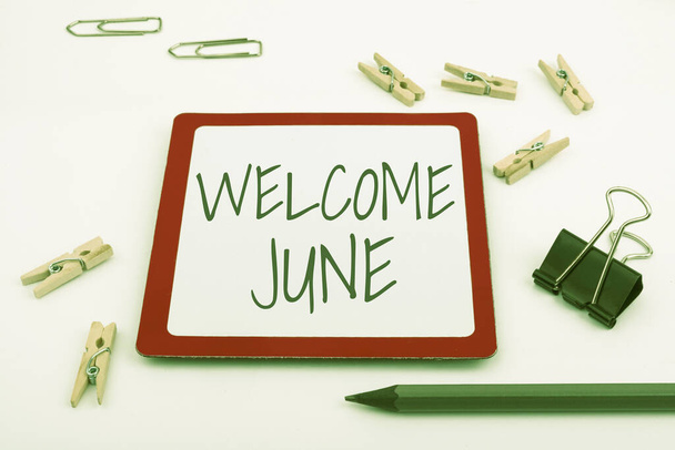 Hand writing sign Welcome June. Business showcase Calendar Sixth Month Second Quarter Thirty days Greetings Computer Keyboard And Symbol.Information Medium For Communication. - Foto, afbeelding