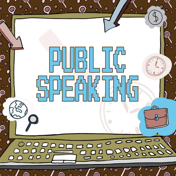 Hand writing sign Public Speaking. Business approach talking showing stage in subject Conference Presentation Poster decorated with monetary symbols displaying punctuality of employees. - Photo, image