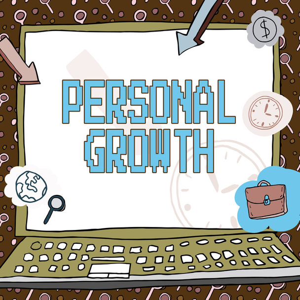 Inspiration showing sign Personal Growth. Business concept improve develop your skills qualities Learn new materials Poster decorated with monetary symbols displaying punctuality of employees. - Photo, image