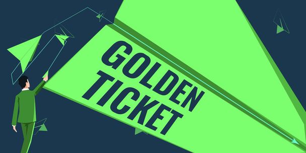 Handwriting text Golden Ticket. Concept meaning Rain Check Access VIP Passport Box Office Seat Event Man flies paper plane representing innovative plans achieving goals. - Fotó, kép