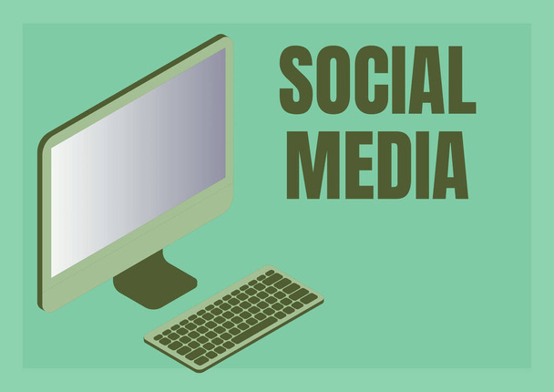 Sosyal medyayı temsil eden metin başlığı. Çalışma arkadaşları arasındaki çevrimiçi bağlantıyı sembolize eden klavye ile Çevrimiçi İletişim Kanalı Ağ Mikroblog İzleyici kavramını kabul et. - Fotoğraf, Görsel