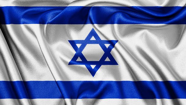 Cerca de tela de textura realista tela seda satén bandera de Israel ondeando fondo ondeante. Símbolo nacional del país. 4 de mayo, concepto del Día Feliz - Foto, Imagen