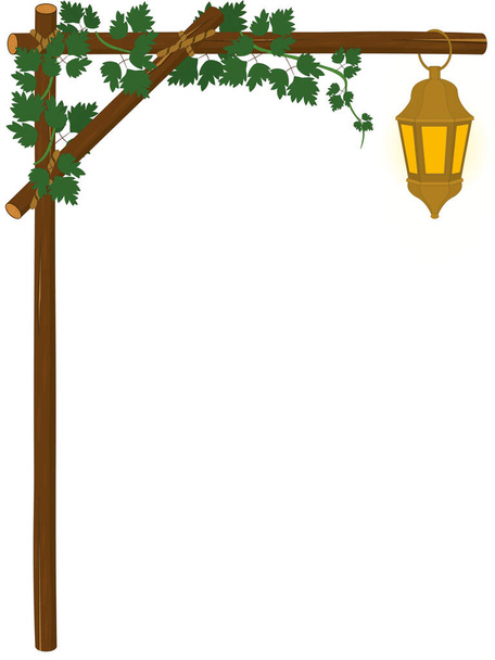 Verticaal hout tak boog frame met druiven klimop wijnstokken en lantaarn vector illustratie - Vector, afbeelding