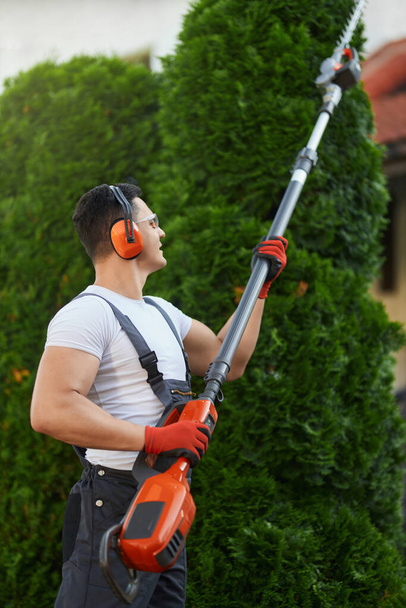 Caucasian handyman in overalls pruning hedge on backyard - Photo, Image