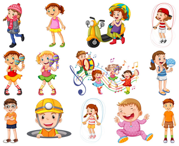 Szczęśliwe dzieci w różnych działaniach ilustracji - Wektor, obraz