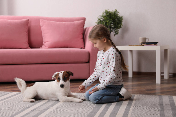 Cute little girl playing with her dog at home. Childhood pet - Photo, Image
