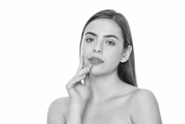 young girl with bare shoulders. lady portrait isolated on white. daily habit and personal care. - Foto, imagen