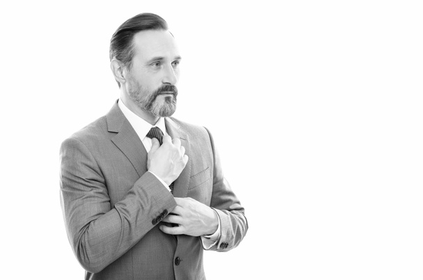 mature entrepreneur with grizzled hair in suit isolated on white copy space, elegance - Photo, Image