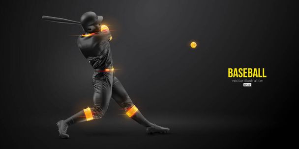 Silueta abstracta de un jugador de béisbol sobre fondo negro. El jugador de béisbol realista golpea la pelota. Ilustración vectorial - Vector, imagen