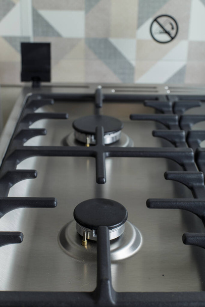 modern gas oven top view. Gas stove burners. Steel gas oven. - 写真・画像