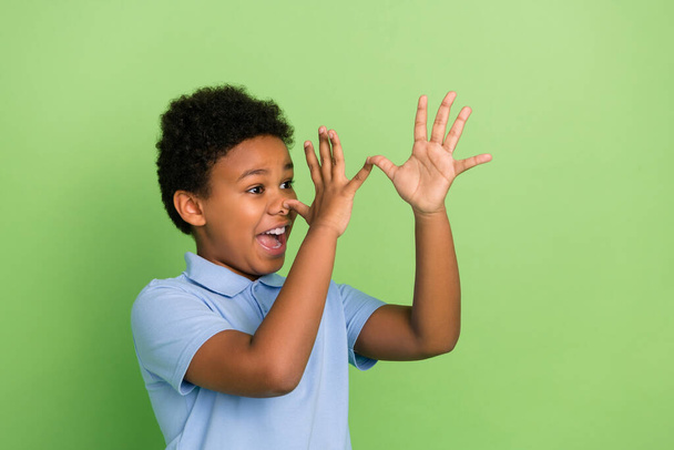 Portrait of handsome cheerful pre-teen boy teasing fooling grimacing mocking isolated over green color background - Foto, imagen