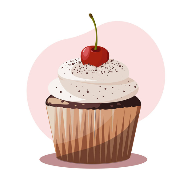 Chocolate cupcake with white cream and cherry. Vector illustration - Vecteur, image