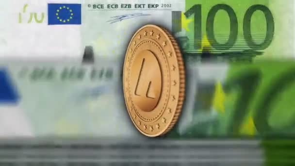 Avalanche cryptocurrency golden coins over 100 Euro banknotes. EU note counting, transaction and blockchain technology. Loopable and seamless abstract 3d background concept. - Metraje, vídeo