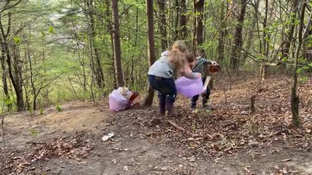 Young volunteers cleaning forest, picking up trash outdoors  - Video