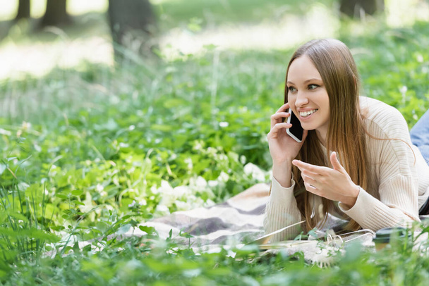 cheerful woman talking on cellphone while lying on blanket around green grass - Photo, image
