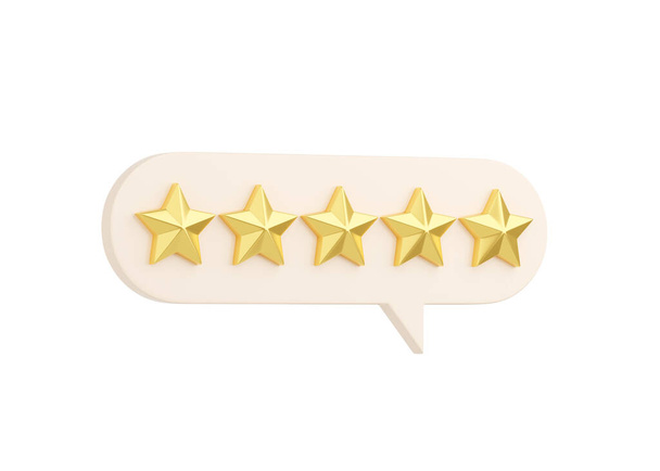 Customer review 3d render illustration - öt arany csillag a beszéd buborék. - Fotó, kép