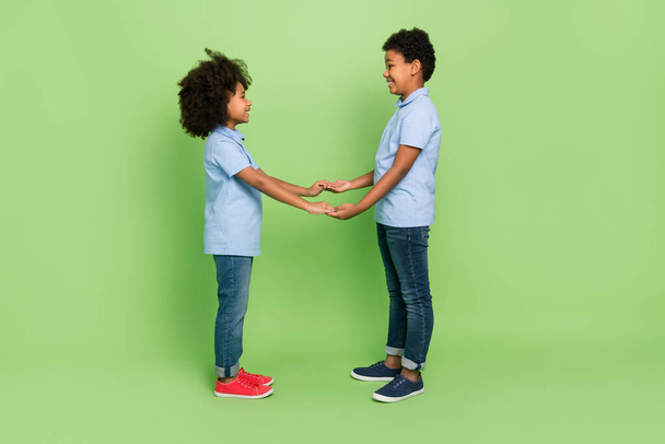 Full length body size view of attractive nice cheerful trendy kind pre-teen kids holding hands isolated on green color background - Фото, зображення