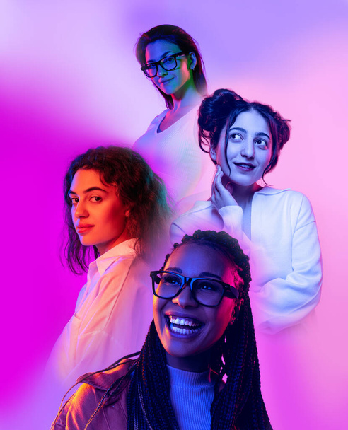 Poster with for beautiful girls isolated on lilac color background in neon light, filter. Concept of emotions, youth, fashion, music - Fotografie, Obrázek