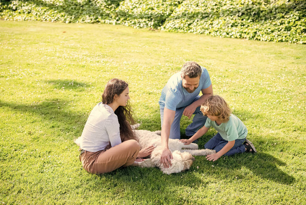 家族の日だ。友情だ。緑の公園の草の上の父親の母親と子供。ペットとの友好的な家族. - 写真・画像