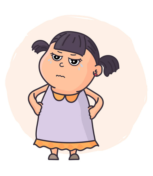 Γελοιογραφία απεικόνιση του μικρού κοριτσιού με μαύρα μαλλιά. Ως λογότυπο, μασκότ, αυτοκόλλητο emoji - Διάνυσμα, εικόνα