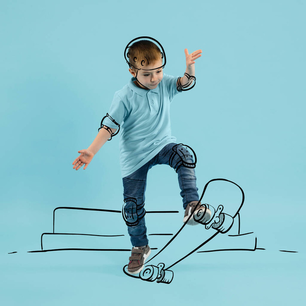 Creative portrait of cute kid, little boy skating on drawn skateboard isolated on blue background with pencil sketch. Concept of ideas, imagination, international childrens day - Photo, image