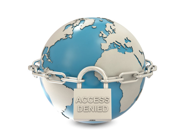 Earth, chain and closed padlock with access denied text - Photo, Image