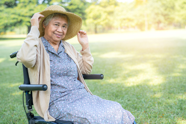 Літня жінка, яка подорожує з солом'яним капелюхом, сидить на інвалідному візку в парку
. - Фото, зображення