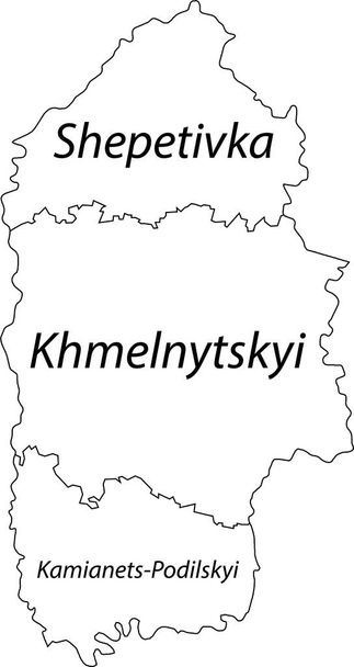 White flat vector map of raion areas of the Ukrainian administrative area of KHMELNYTSKYI OBLAST, UKRAINE with black border lines and name tags of its raions - Vettoriali, immagini