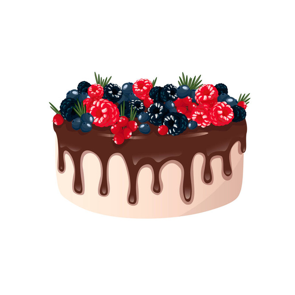 A colorful birthday cake decorated with berries and melted chocolate Isolated on a white background. Flat vector illustration - Vektör, Görsel