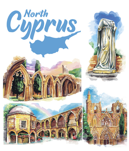 Conjunto de Dibujo de acuarela dibujado a mano de monumentos de Chipre, ilustración arte. - Foto, Imagen