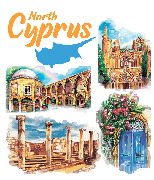 Set of Hand drawn watercolor drawing of Cyprus landmarks, illustration art. - Photo, Image