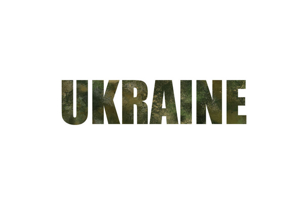 The word Ukraine in camouflage green on a white background, war in Ukraine, Ukrainian army 2022 - Photo, image