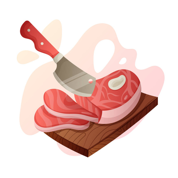 Butcher knife cut steak cartoon vector illustration. Cutting meat, bacon or ham, beef or pork. - Vector, afbeelding