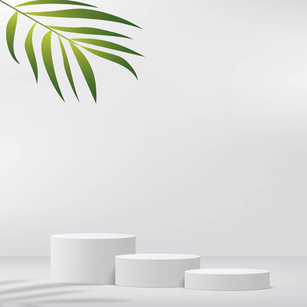 Habitación de estudio abstracta con podio pedestal de color blanco y hojas. Ilustración vectorial - Vector, imagen