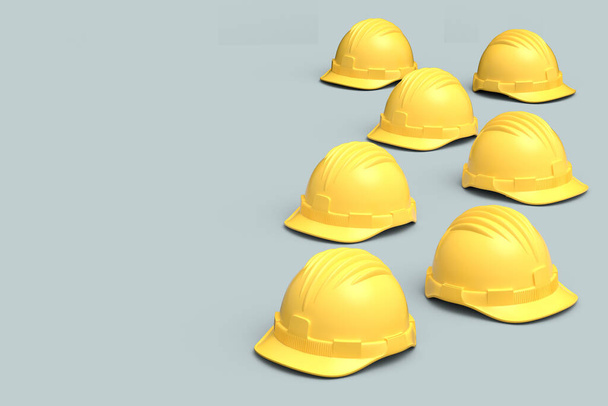 Set of yellow safety helmets or hard caps isolated on grey background. 3d render and illustration of headgear - Photo, image
