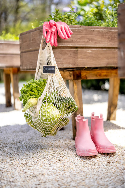 Сетчатая сумка со свежими овощами висит на домашнем саду - Фото, изображение