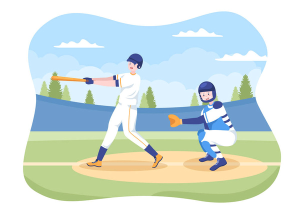 Giocatore di baseball Sport lancio, cattura o colpire una palla con pipistrelli e guanti indossando uniforme sul campo stadio in Flat Cartoon Illustrazione - Vettoriali, immagini