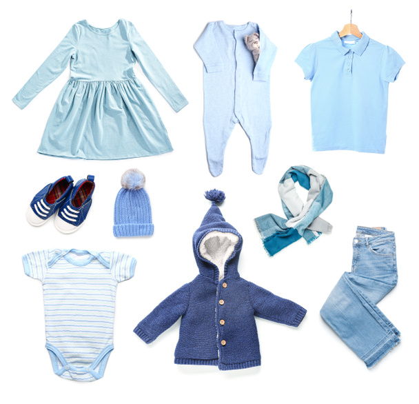 Set of stylish modern clothes for baby isolated on white - Фото, изображение