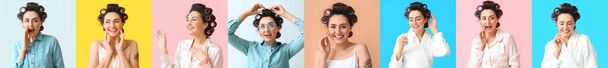 Set di bella giovane donna in bigodini per capelli su sfondo colorato - Foto, immagini