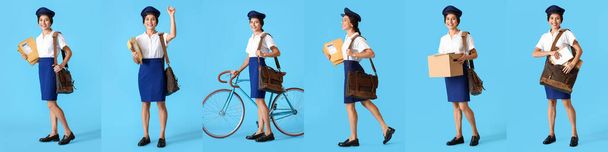 Set of beautiful postwoman on light blue background - Foto, immagini