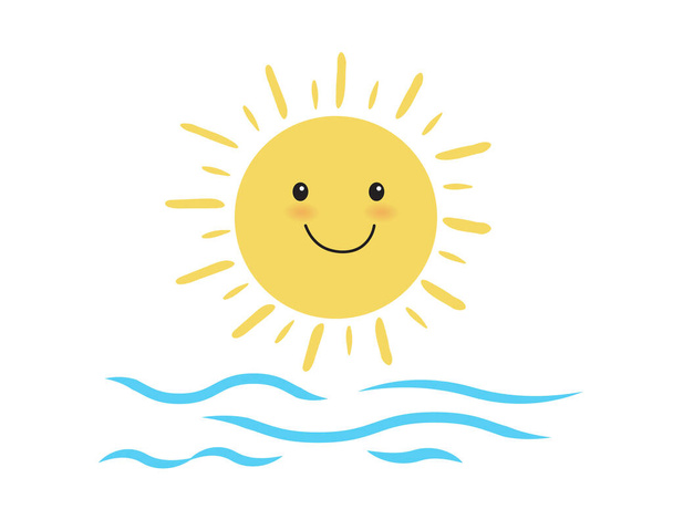 Cute sun smiling and sea waves. island and sea beach. holiday or tropical Concept. Vector illustration - Вектор, зображення