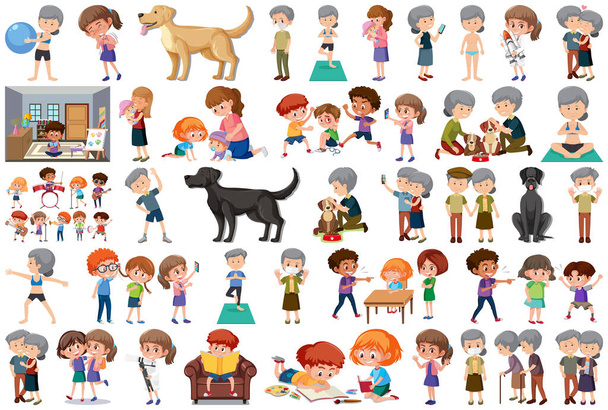 Set of different activities people in cartoon style illustration - Vector, Image