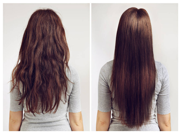 Droit ou bouclé. Avant et après prise de vue d'une femme aux cheveux bouclés et raides. - Photo, image