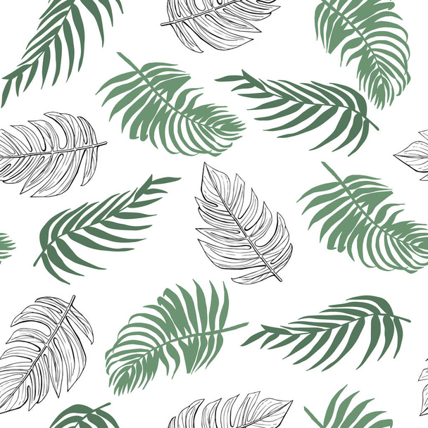 Sage Green Fronds and Line Art Tropical Palm Leaf Seamless Pattern Background - Вектор,изображение