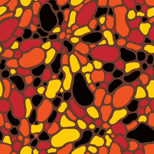 Skin of the alien animal. Vector graphics spotted texture. Seamless pattern background. Scattered red, orange and yellow spots. Stylish design for wrapping paper, decor, wallpaper, textile print - ベクター画像
