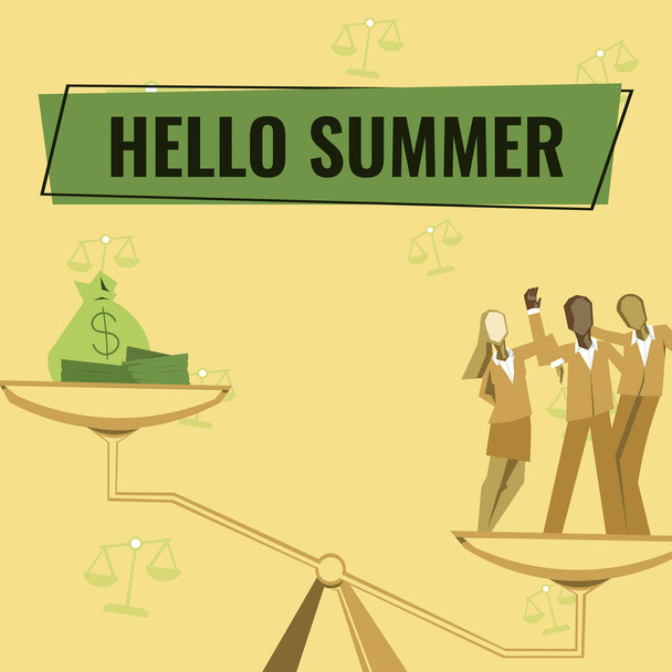 Podpis konceptualny Hello Summer. Pomysł na biznes Powitanie najcieplejszego sezonu w roku następuje po wiosennych koleżankach i kolegach, którzy osiągnęli sukces w pracy zespołowej. - Zdjęcie, obraz