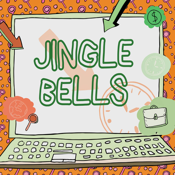 İlham işareti Jingle Bells 'i gösteriyor. Dünyanın en ünlü geleneksel Noel şarkısı. Çalışanların dakikliğini gösteren parasal sembollerle süslenmiş poster.. - Fotoğraf, Görsel